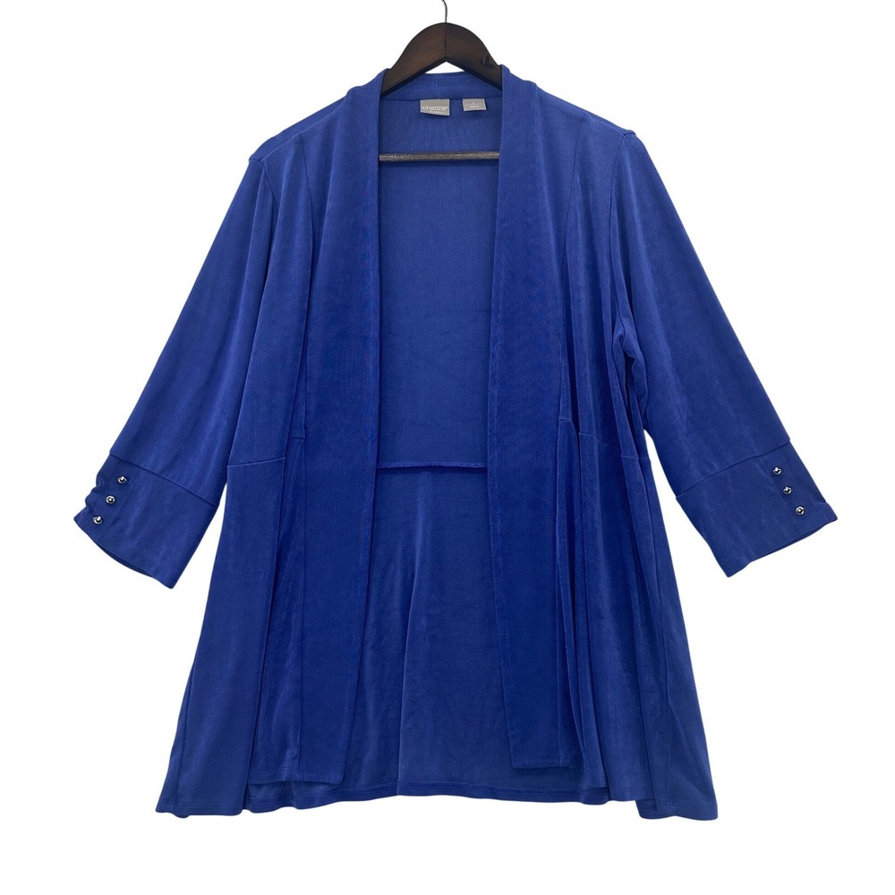 Chico's Travelers Cardigan Womens 2 Blue Excellent Silver Button Peplum Open